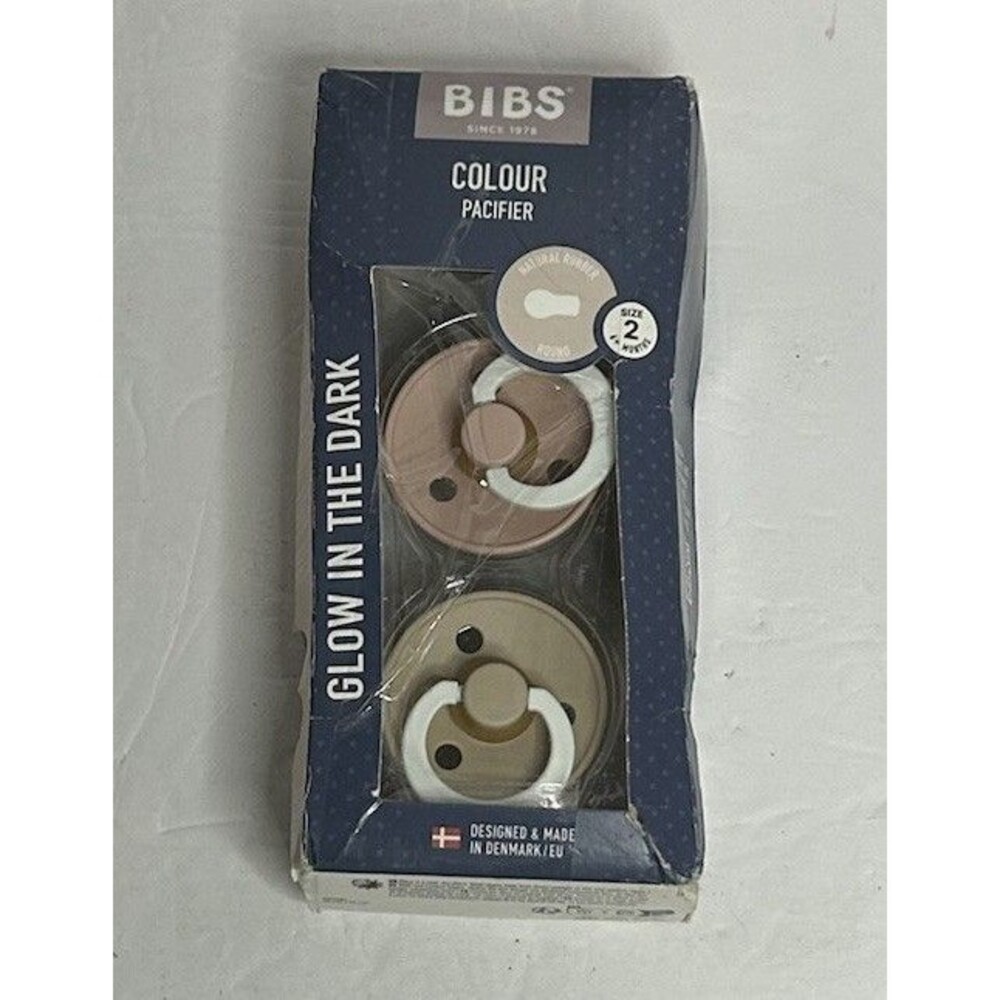 NEW Box BIBS Colour 2pk Pacifiers Size 2, Natural Rubber / Round- GLOW /Dark